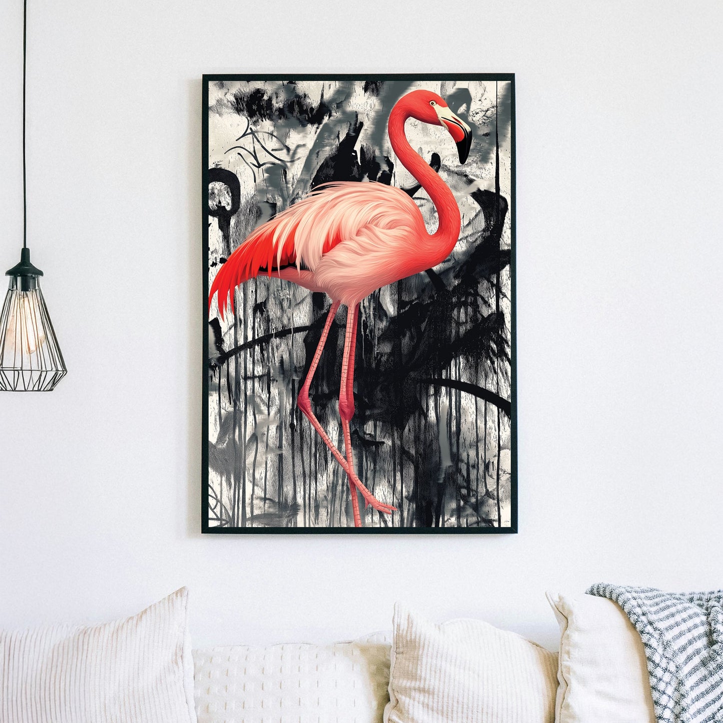 Digital artwork of a detailed pink flamingo against a black-and-white graffiti-style background with abstract drips and textures.
