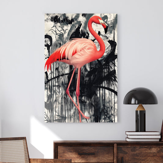 Digital artwork of a detailed pink flamingo against a black-and-white graffiti-style background with abstract drips and textures.
