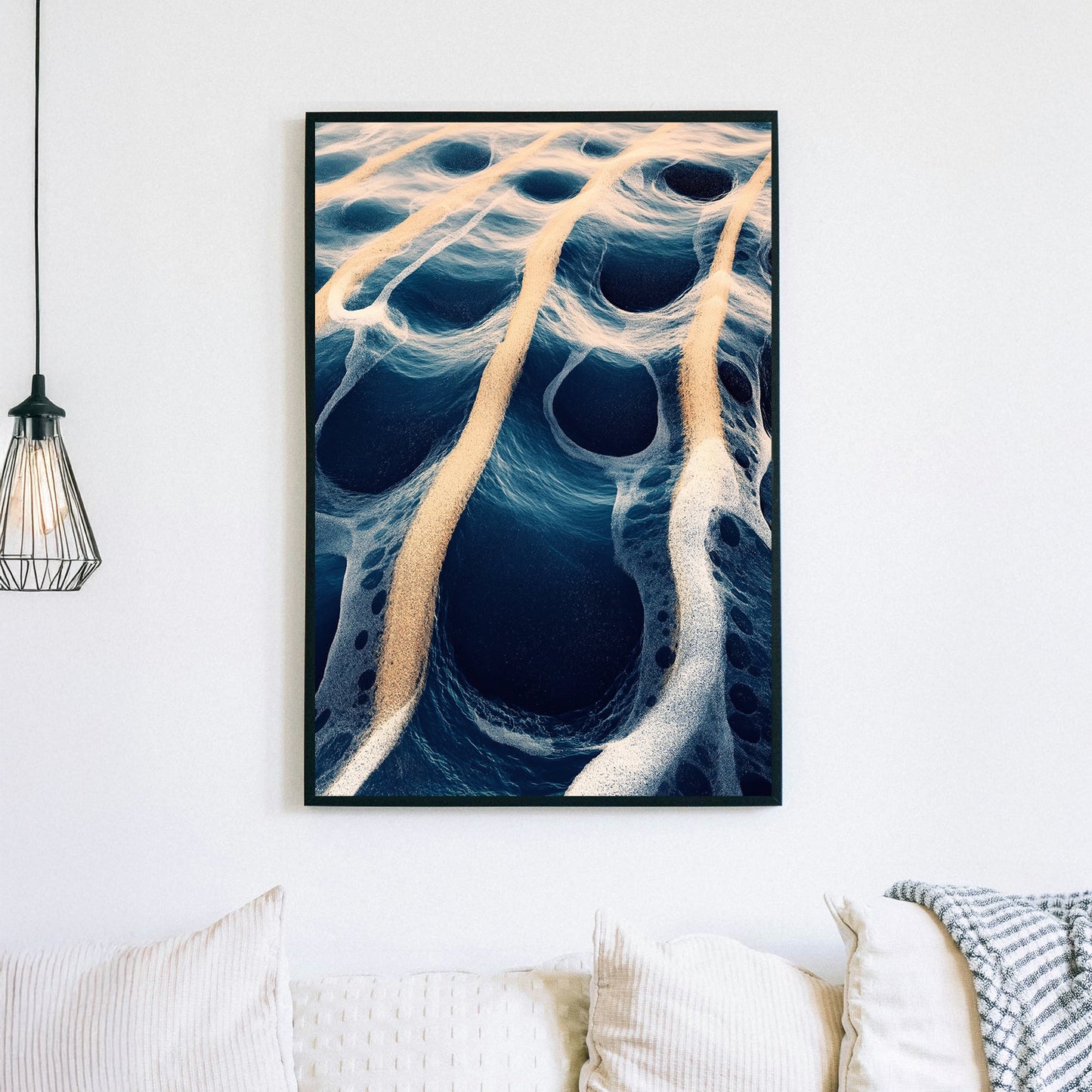 Abstract digital artwork of ocean waves and golden sand creating surreal, flowing patterns.