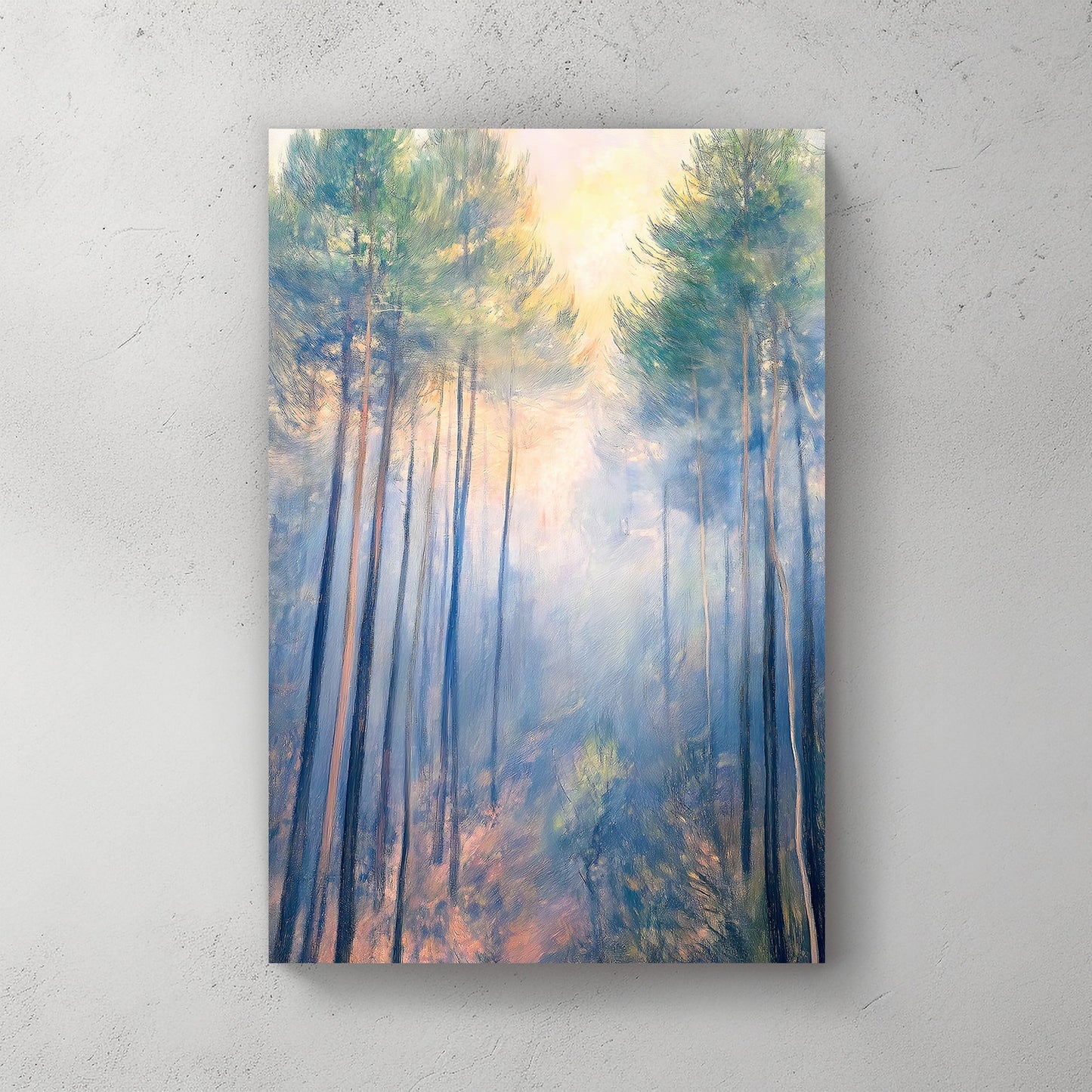 Impressionistic wall art of a misty forest with tall pines bathed in soft morning light.