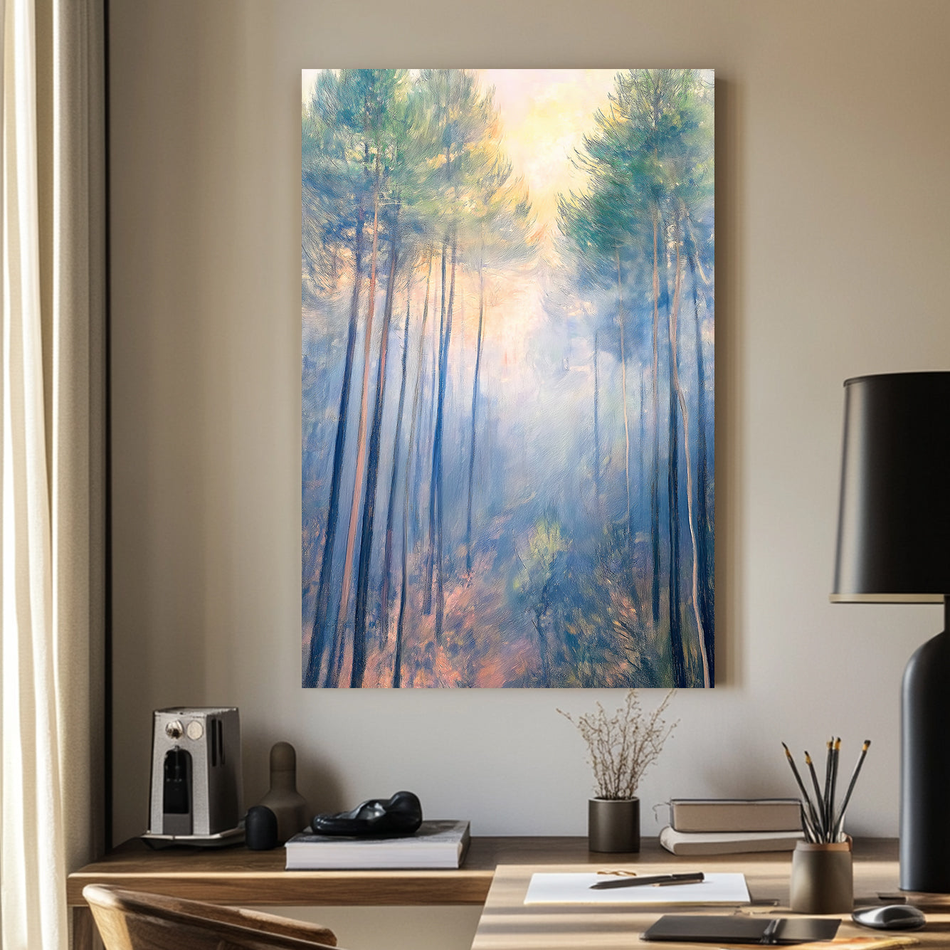 Impressionistic wall art of a misty forest with tall pines bathed in soft morning light.