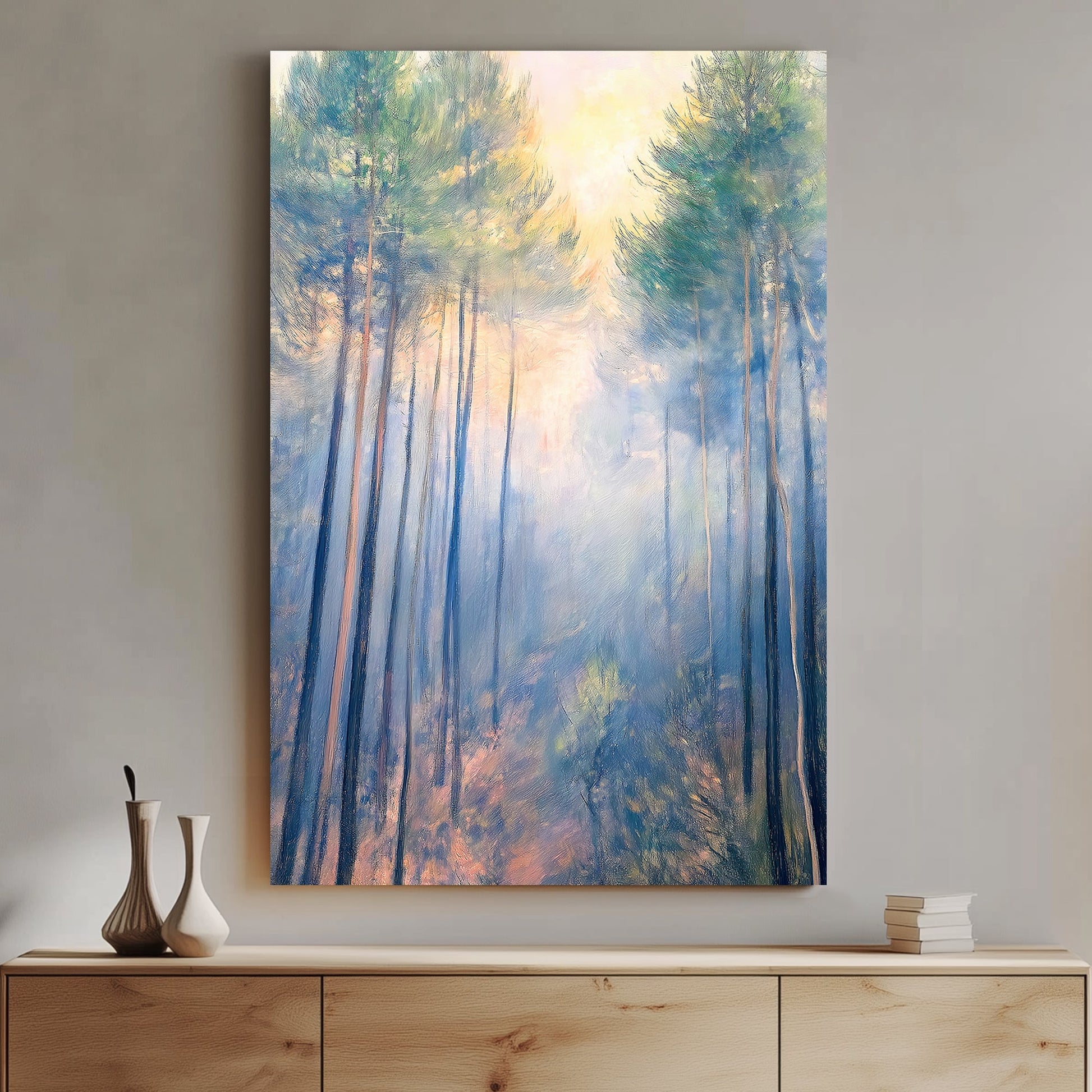 Impressionistic wall art of a misty forest with tall pines bathed in soft morning light.