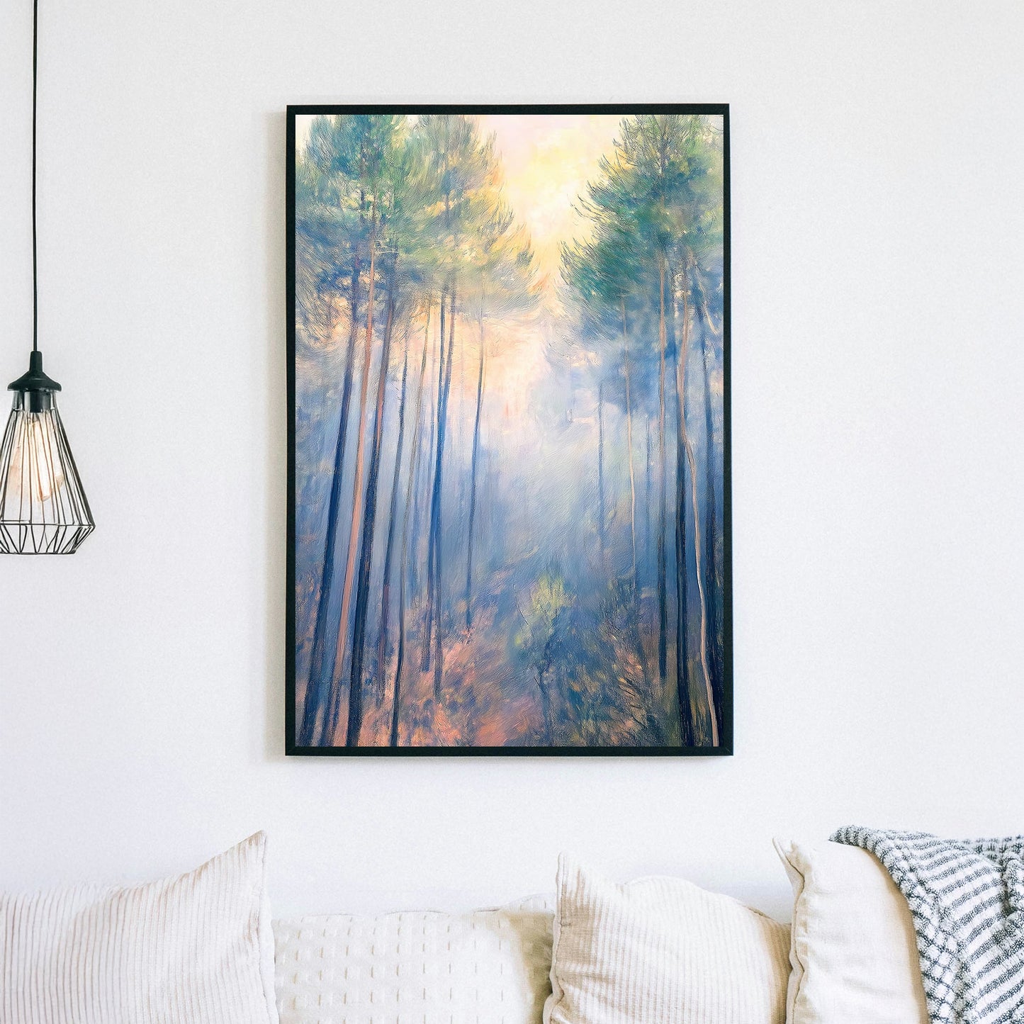 Impressionistic wall art of a misty forest with tall pines bathed in soft morning light.