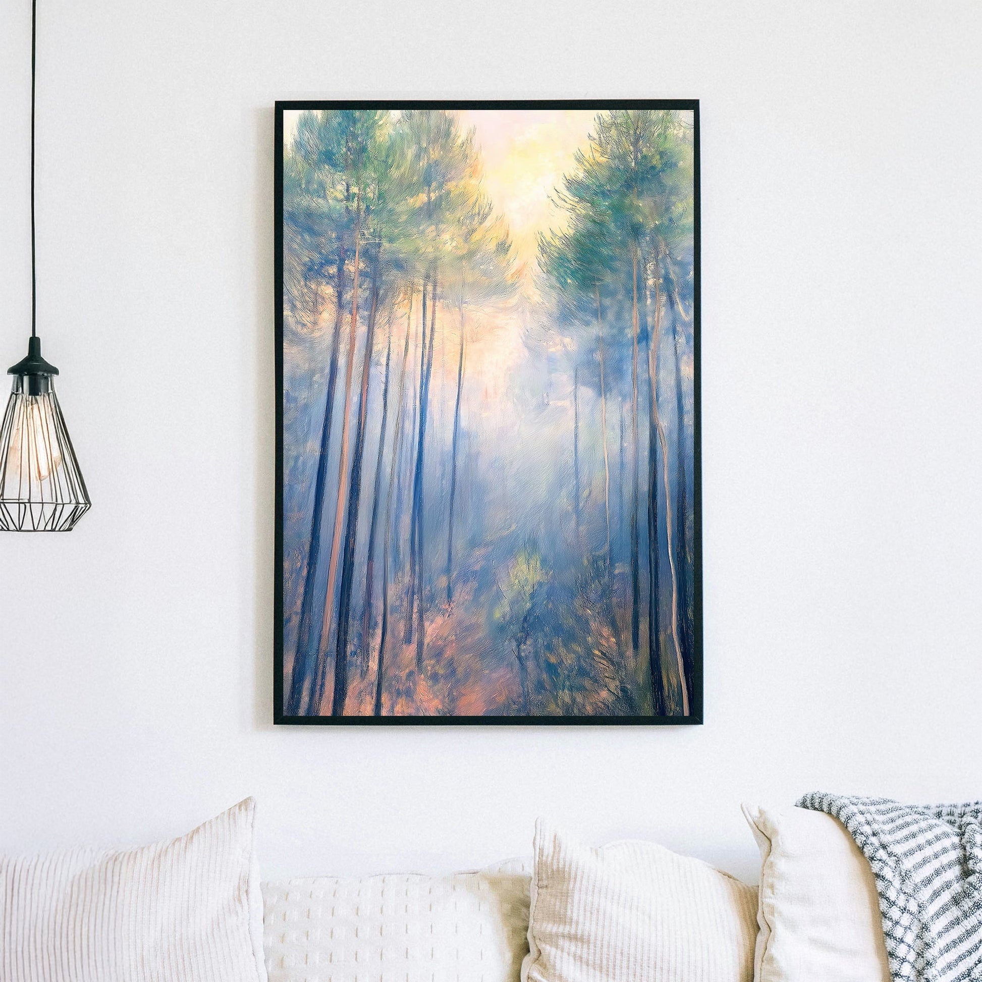 Impressionistic wall art of a misty forest with tall pines bathed in soft morning light.