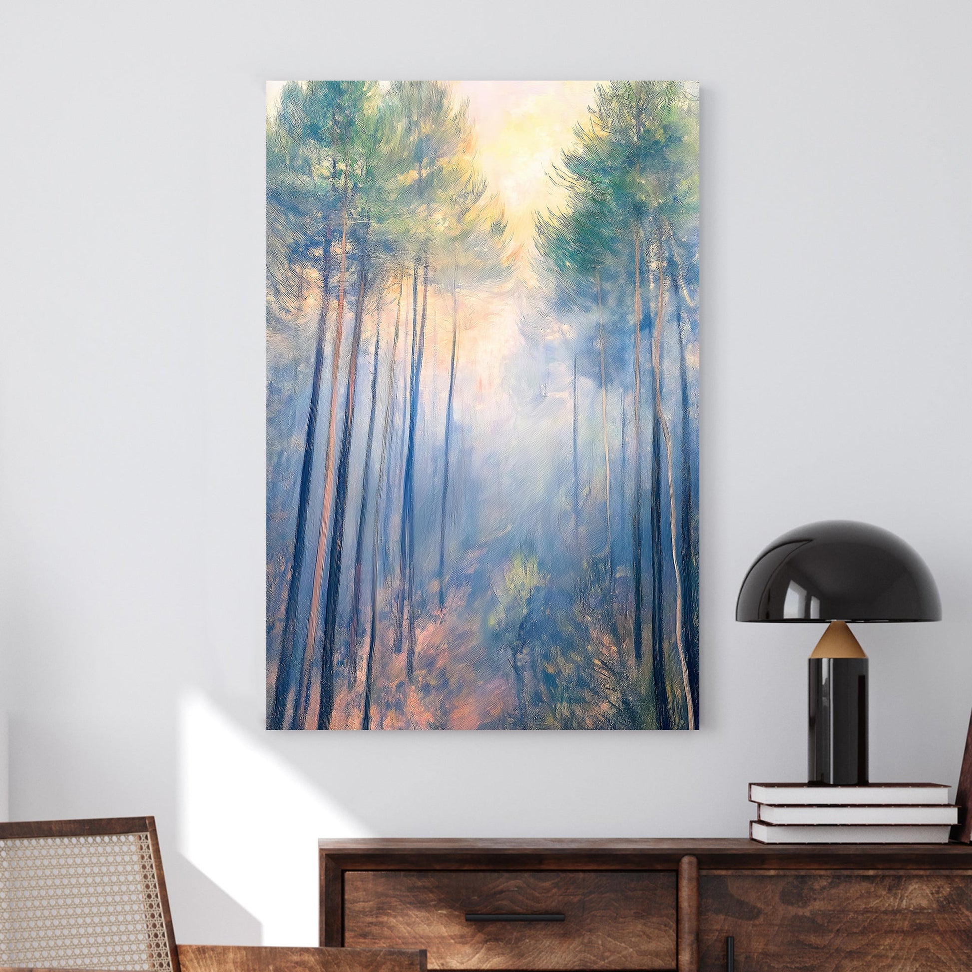 Impressionistic wall art of a misty forest with tall pines bathed in soft morning light.