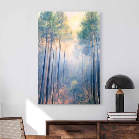 Impressionistic wall art of a misty forest with tall pines bathed in soft morning light.