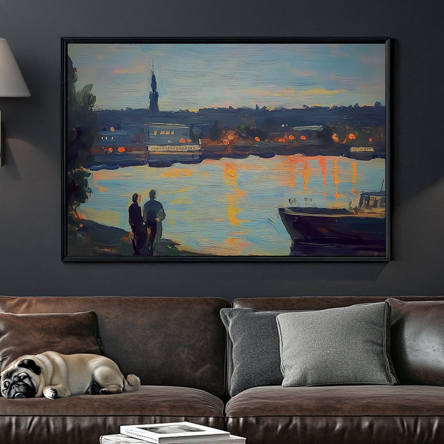 Impressionist wall art of a riverside cityscape at twilight, with warm lights reflecting on the water.