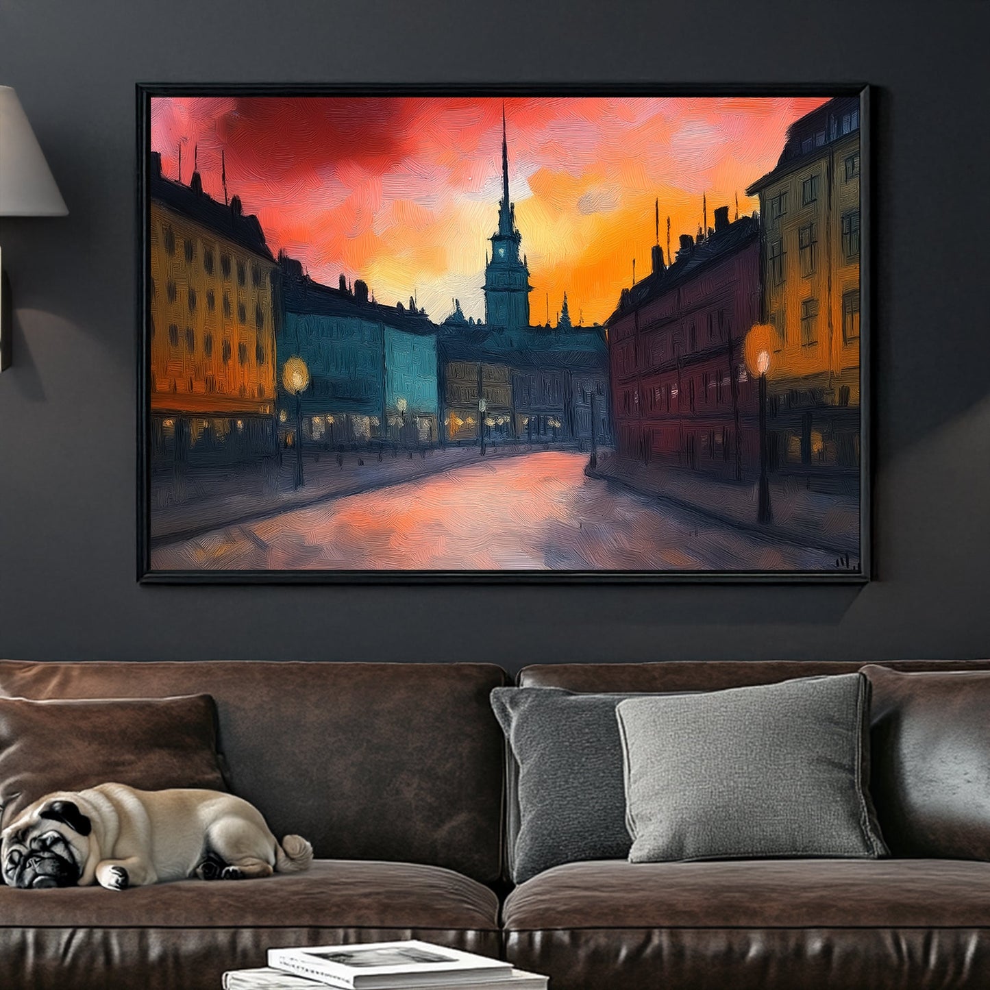 Impressionist wall art of a European city at sunset with glowing streetlights and a warm, textured sky.