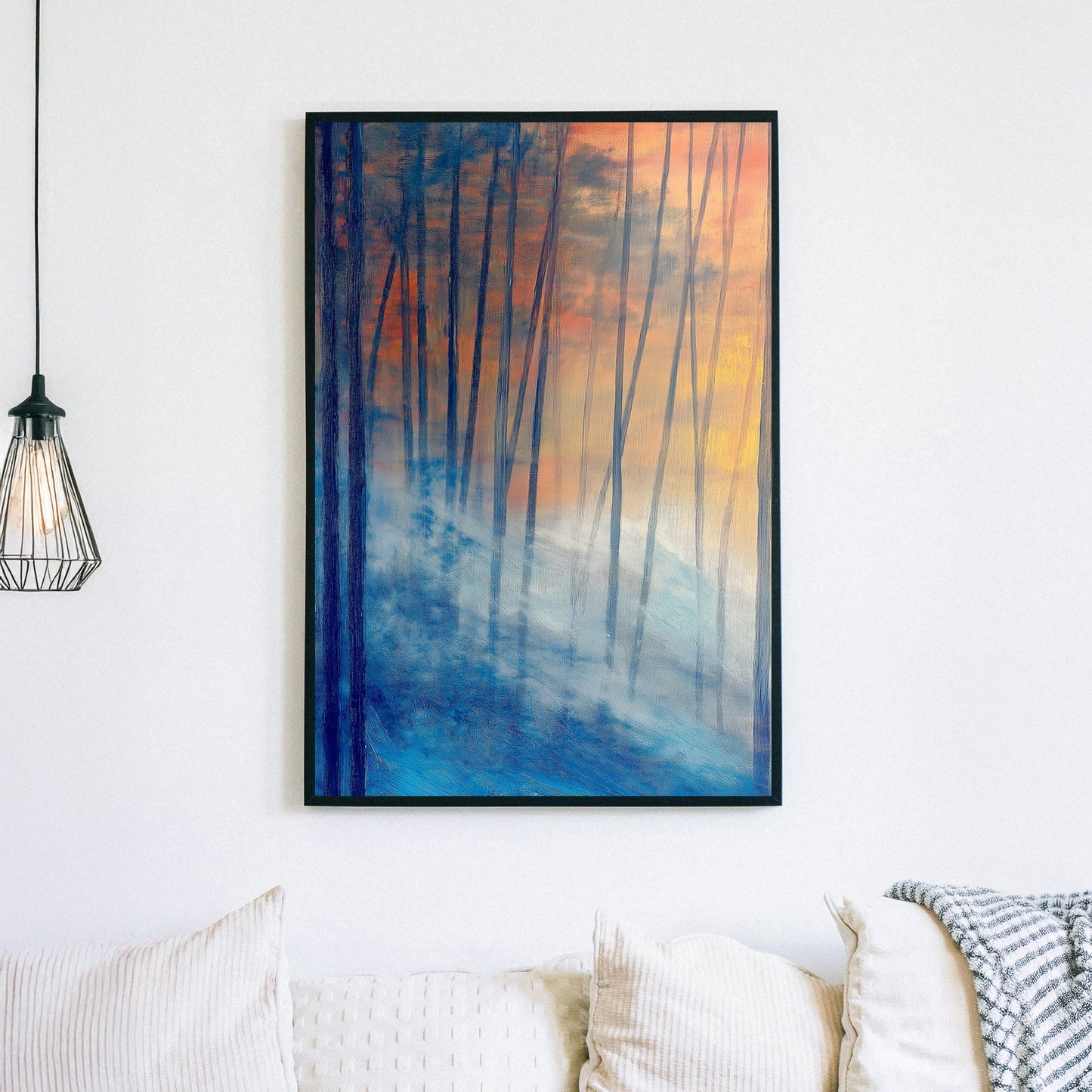 Abstract impressionist wall art of a misty twilight forest with deep blues and glowing sunset hues.