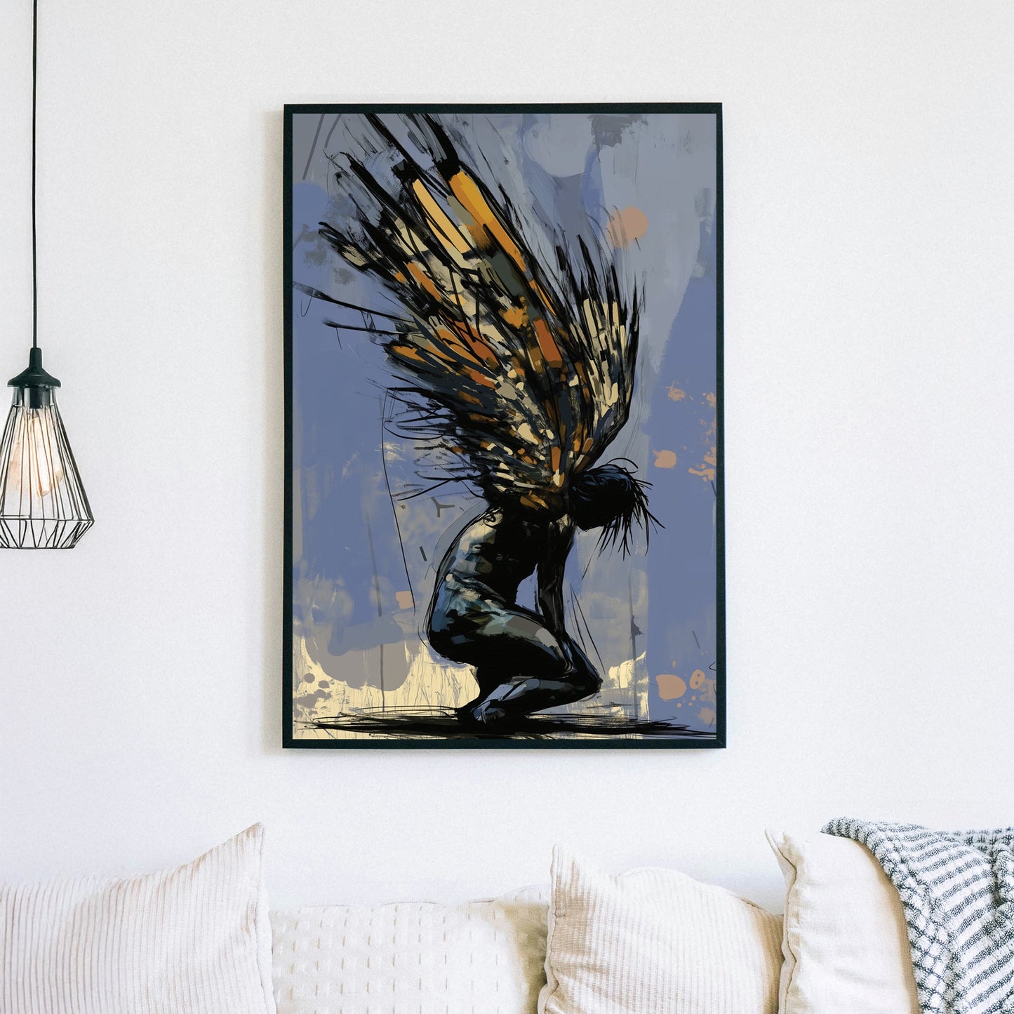 Abstract expressionist wall art of a kneeling figure with fragmented wings in dark and gold tones, symbolizing struggle and transformation.