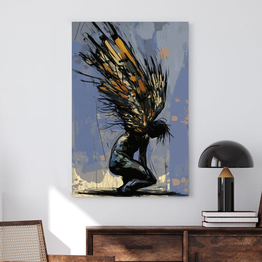 Abstract expressionist wall art of a kneeling figure with fragmented wings in dark and gold tones, symbolizing struggle and transformation.