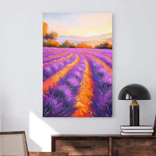 Impressionist wall art of a lavender field at sunset with vibrant purple and orange hues, evoking a dreamy summer landscape.