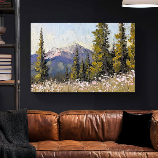 Textured oil wall art of an alpine meadow with wildflowers, evergreen trees, and snow-capped mountains in the background.