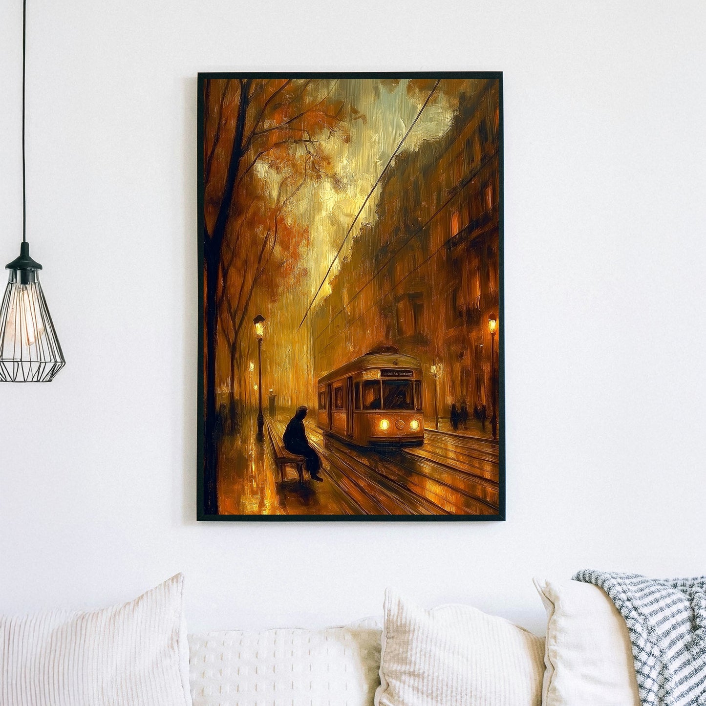 Oil-style wall art of a vintage tram approaching on a rainy city street at night, with a lone figure waiting on a bench under glowing streetlights.