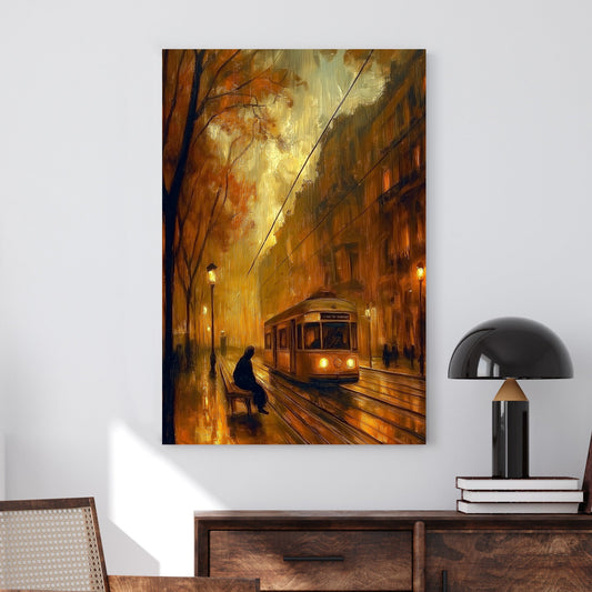Oil-style wall art of a vintage tram approaching on a rainy city street at night, with a lone figure waiting on a bench under glowing streetlights.