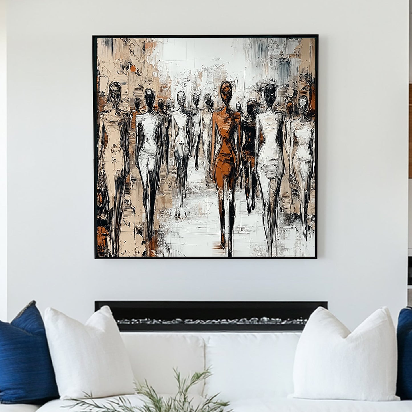 Modern abstract wall art of faceless figures walking in unison, using monochrome tones with bold brushstrokes.