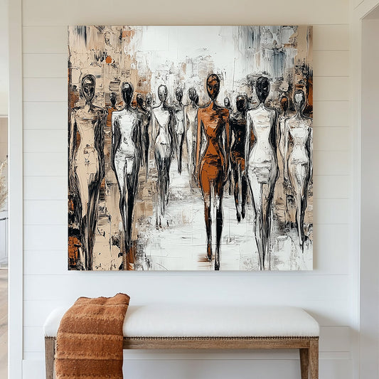 Modern abstract wall art of faceless figures walking in unison, using monochrome tones with bold brushstrokes.