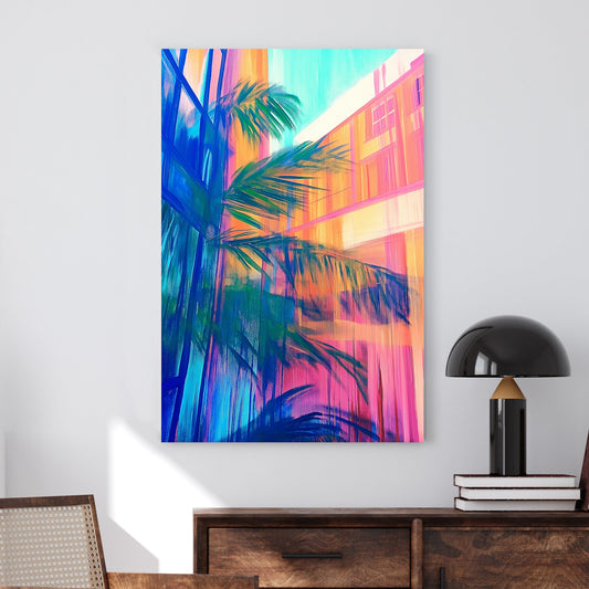 Abstract neon wall art of palm leaves reflecting against colourful city buildings and glass windows.