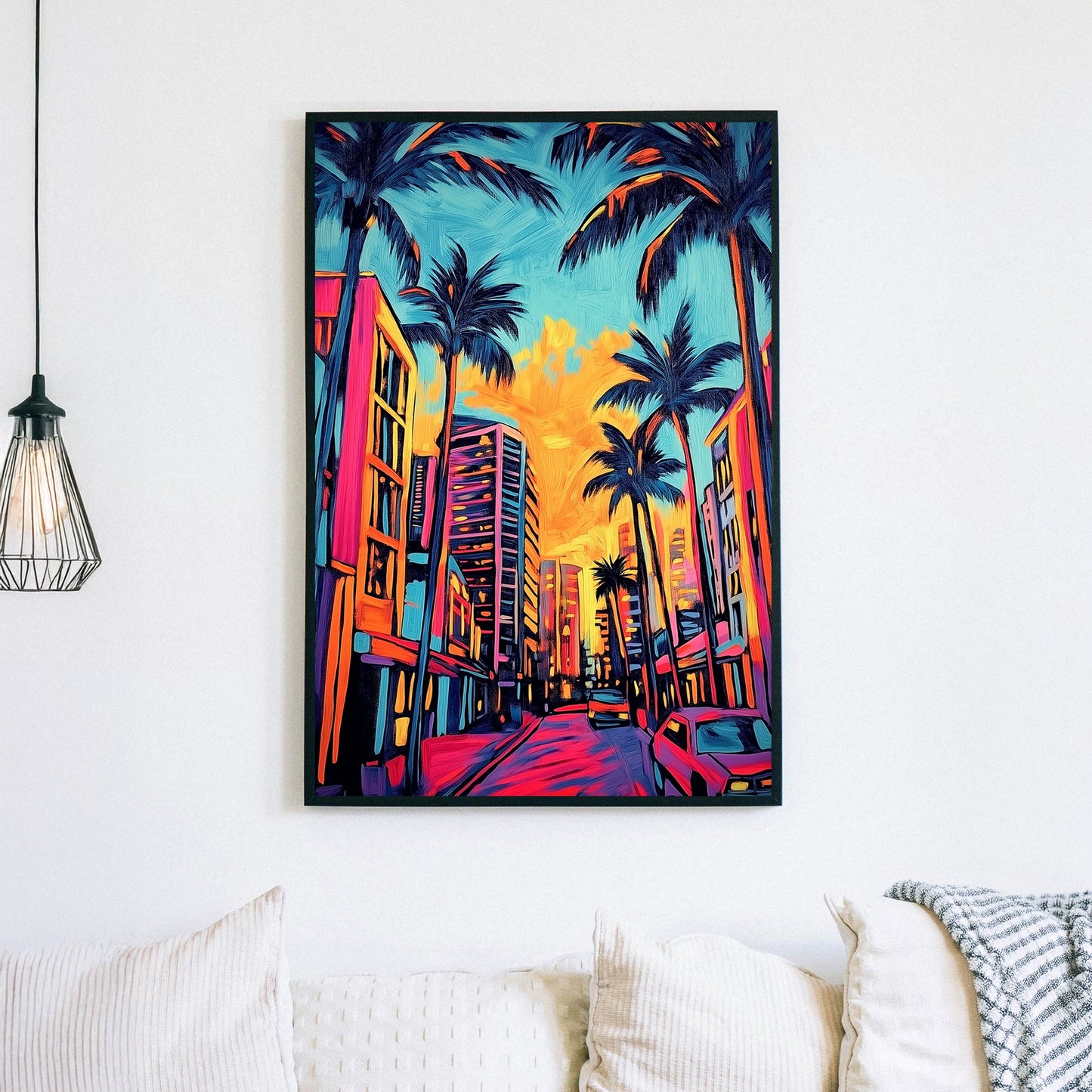 Vivid neon cityscape wall art of palm trees, glowing skyscrapers, and a sunset sky with warm, saturated hues.