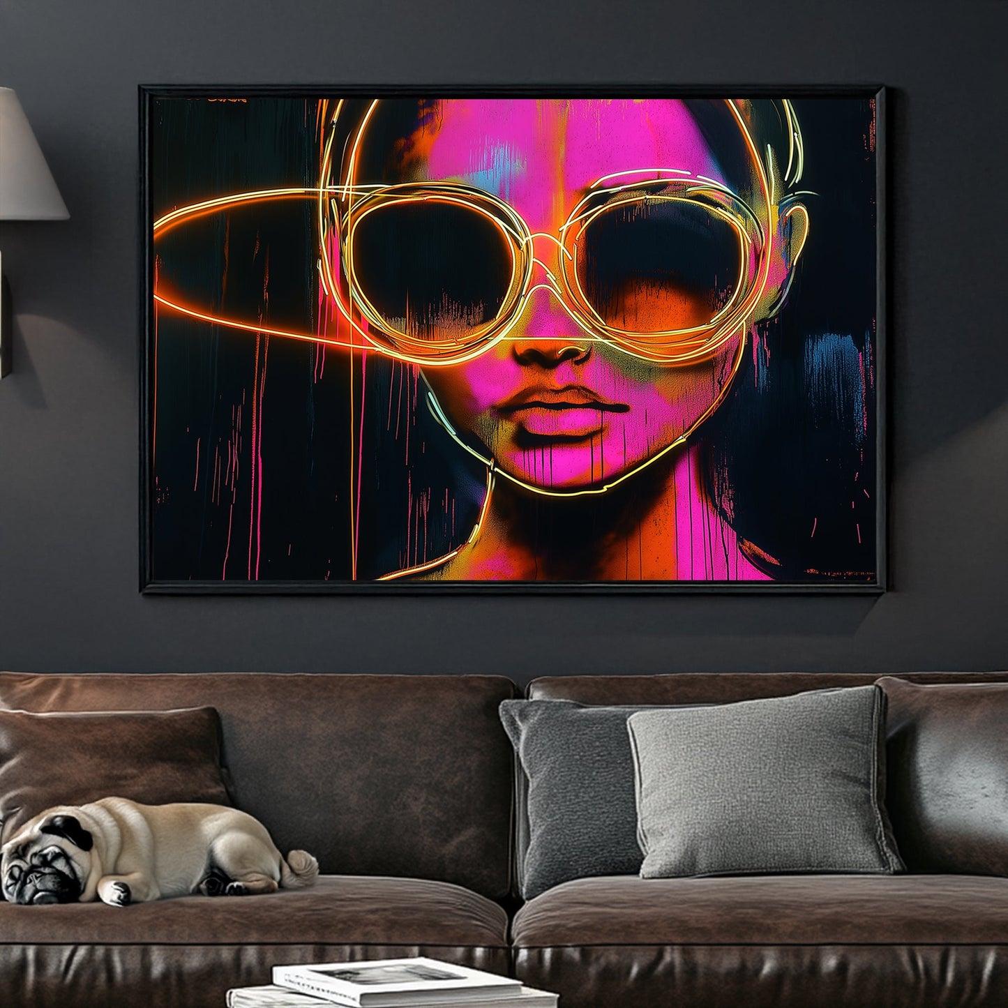 Graffiti-style neon portrait of a woman with oversized glowing sunglasses in vibrant pink, orange, and yellow hues.
