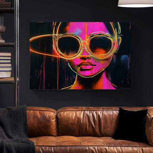 Graffiti-style neon portrait of a woman with oversized glowing sunglasses in vibrant pink, orange, and yellow hues.