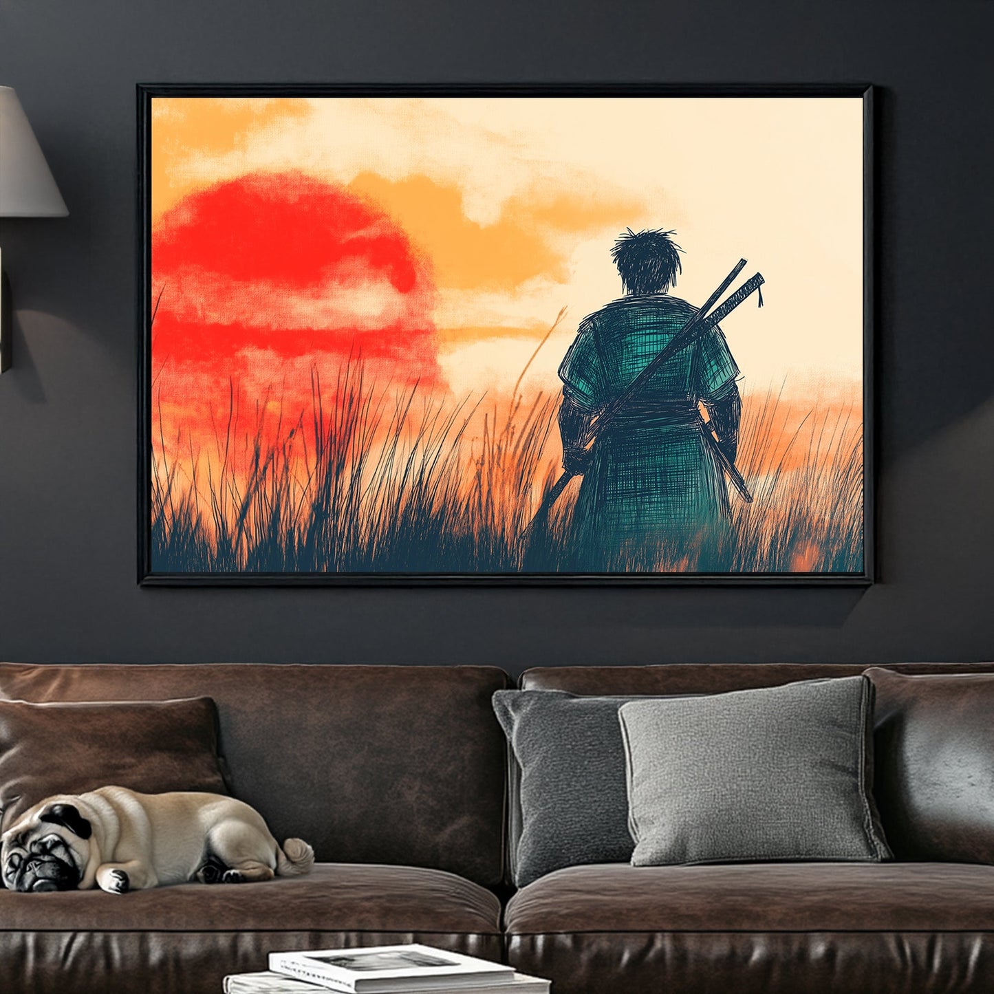 Japanese ink-style artwork of a lone samurai standing in a field at sunset, with a red sun and golden sky in the background.