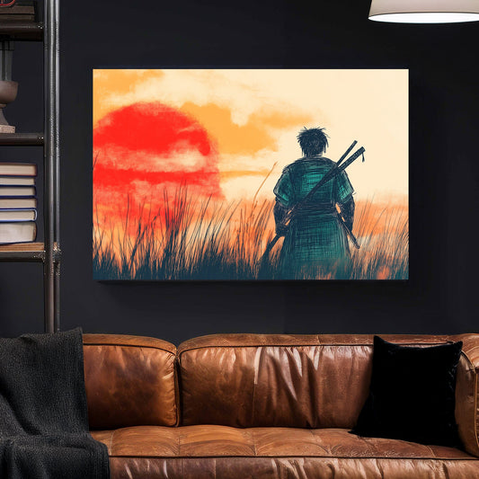 Japanese ink-style artwork of a lone samurai standing in a field at sunset, with a red sun and golden sky in the background.
