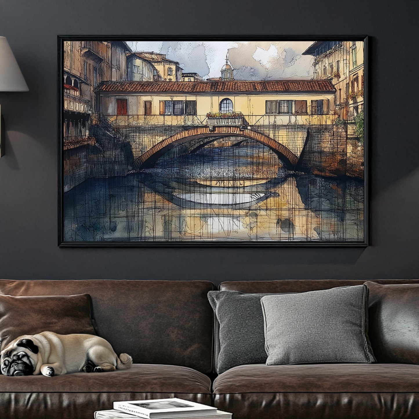 Watercolour and ink artwork of an old European bridge over a river, with reflections in the water and surrounding historic buildings.