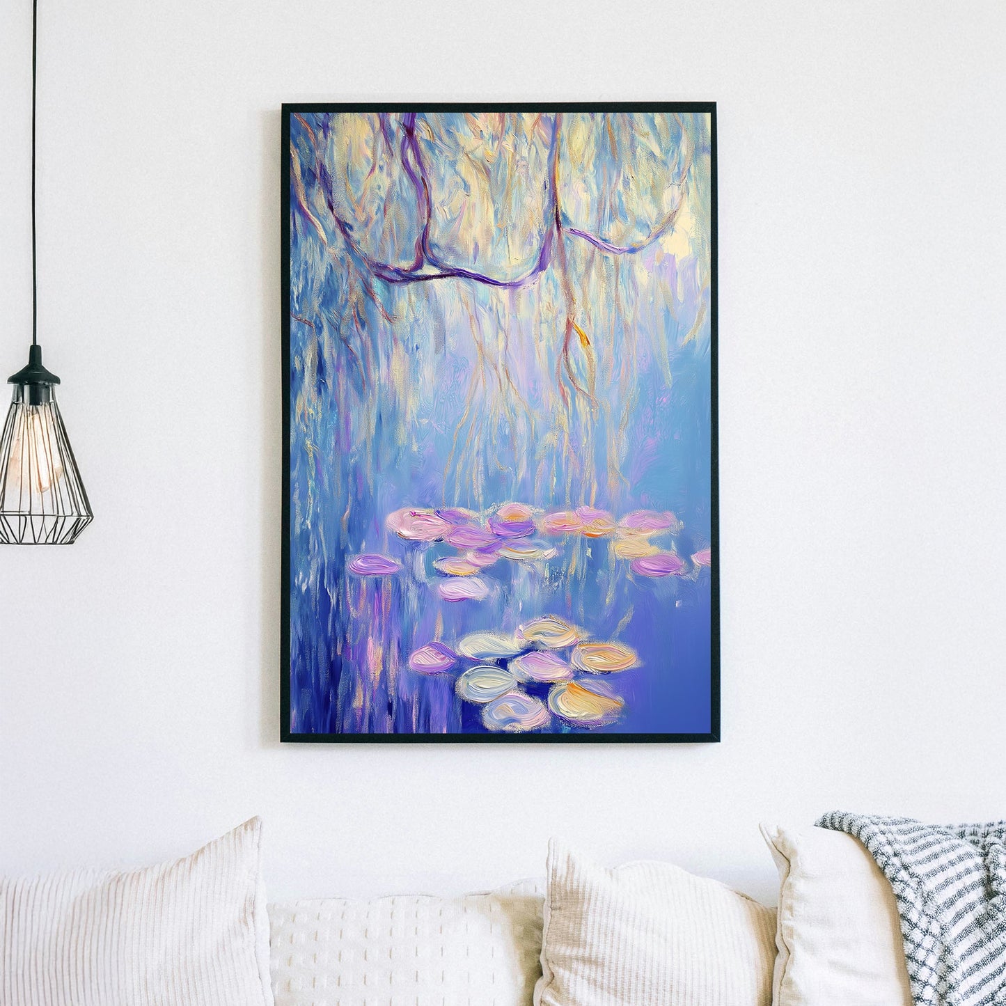 Impressionist wall art of a willow tree overhanging a pond with floating lily pads in soft blues, purples, and gold tones.