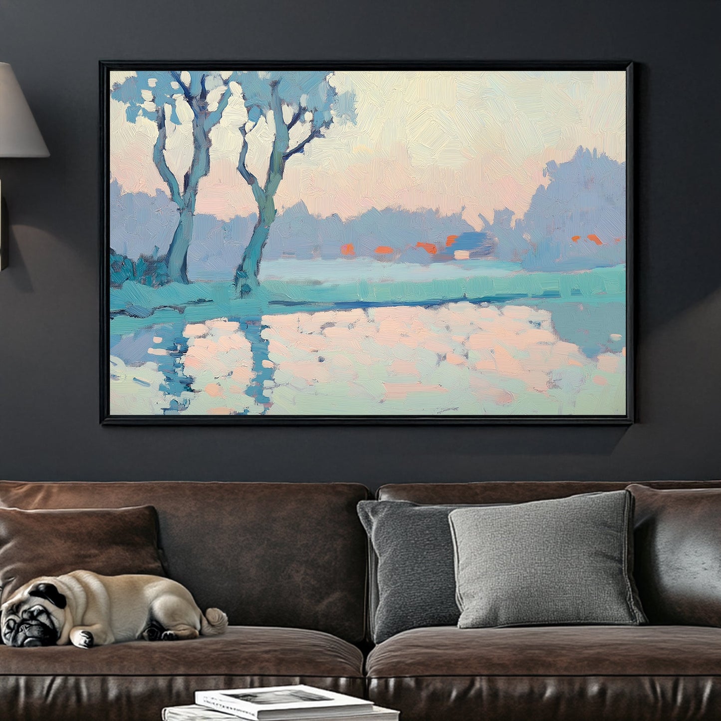 Impressionist wall art of trees reflecting on a calm lake at sunrise, in soft blue, peach, and pastel tones.