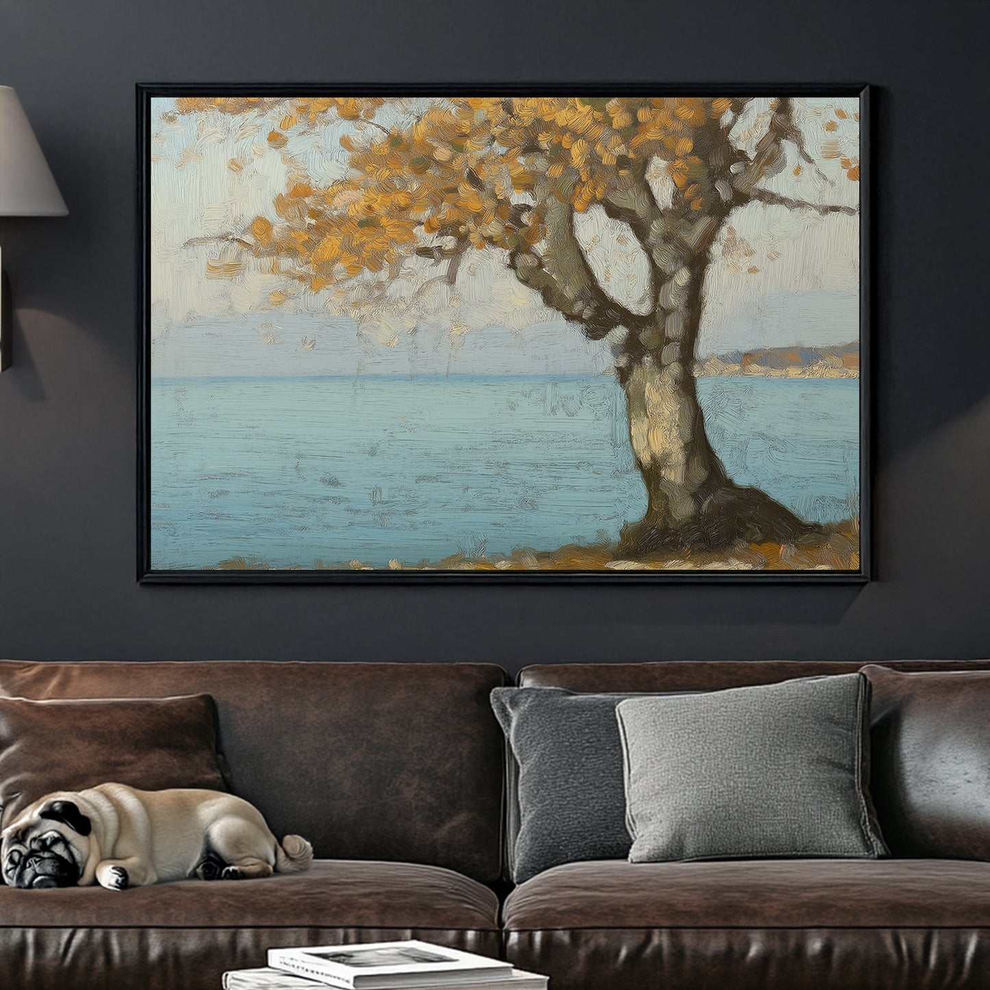 Oil wall art of a golden autumn tree by a peaceful blue shoreline, with textured brushstrokes creating depth and warmth.