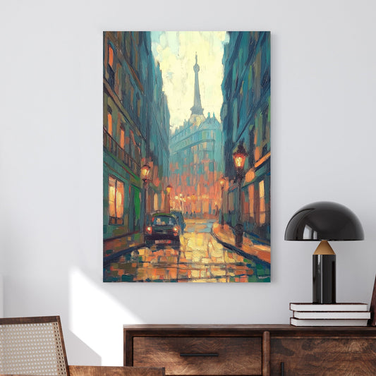 Oil wall art of a rainy Paris street at dusk, with glowing streetlights reflecting off the wet cobblestones and the Eiffel Tower in the distance.