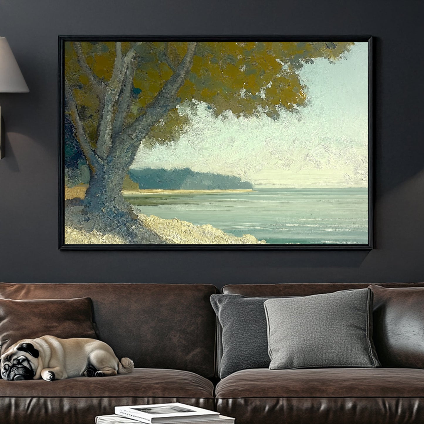 Oil wall art of a serene coastal scene with a large tree overlooking calm waters under a soft, hazy sky.