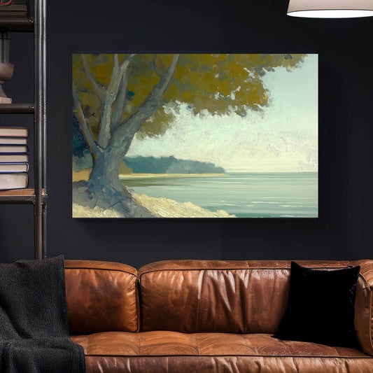 Oil wall art of a serene coastal scene with a large tree overlooking calm waters under a soft, hazy sky.