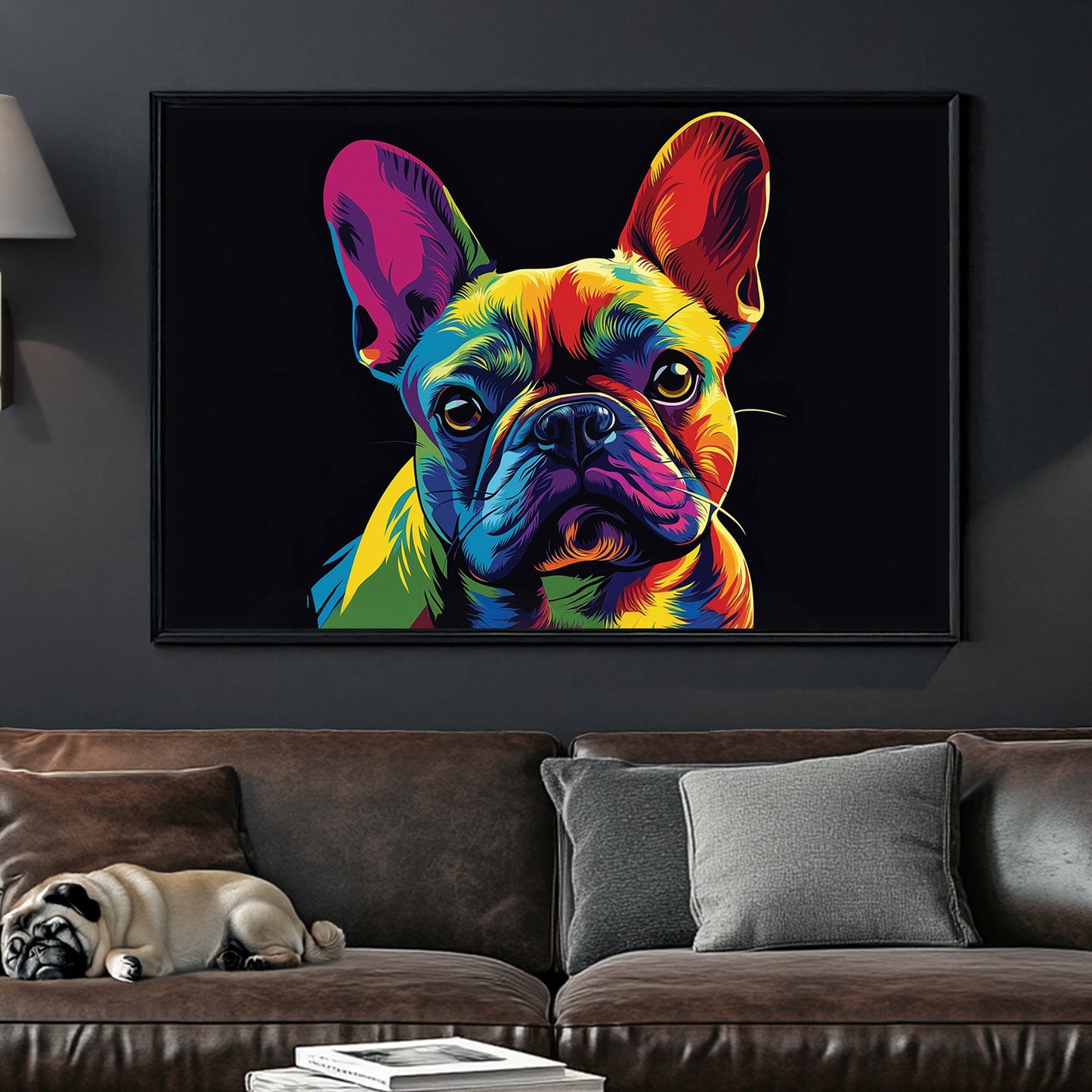 Pop art-style French Bulldog in vibrant neon colours against a black background, featuring striking details and a bold artistic touch.