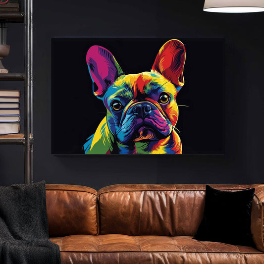 Pop art-style French Bulldog in vibrant neon colours against a black background, featuring striking details and a bold artistic touch.