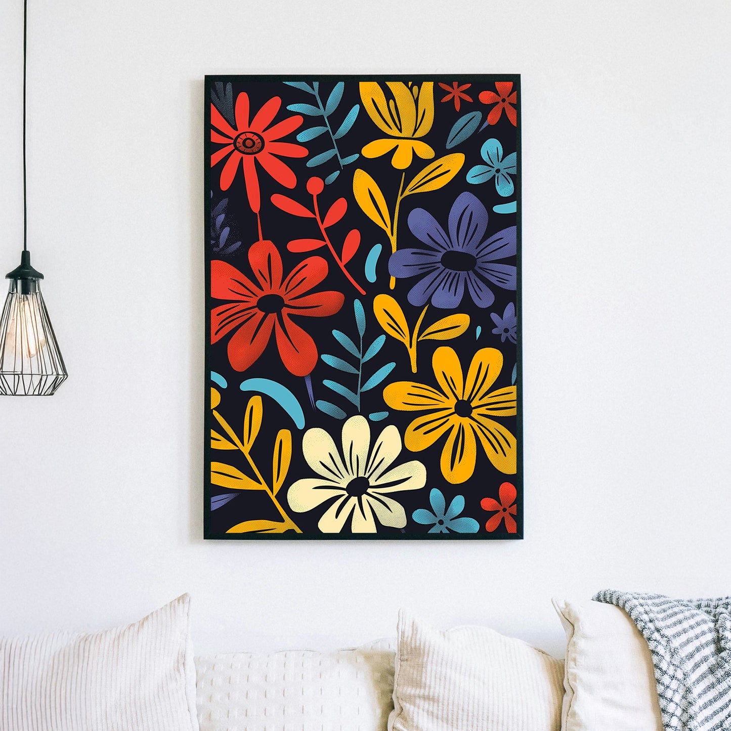 Modern floral artwork with bold red, yellow, blue, and white flowers on a black background, featuring a pop-art inspired design.