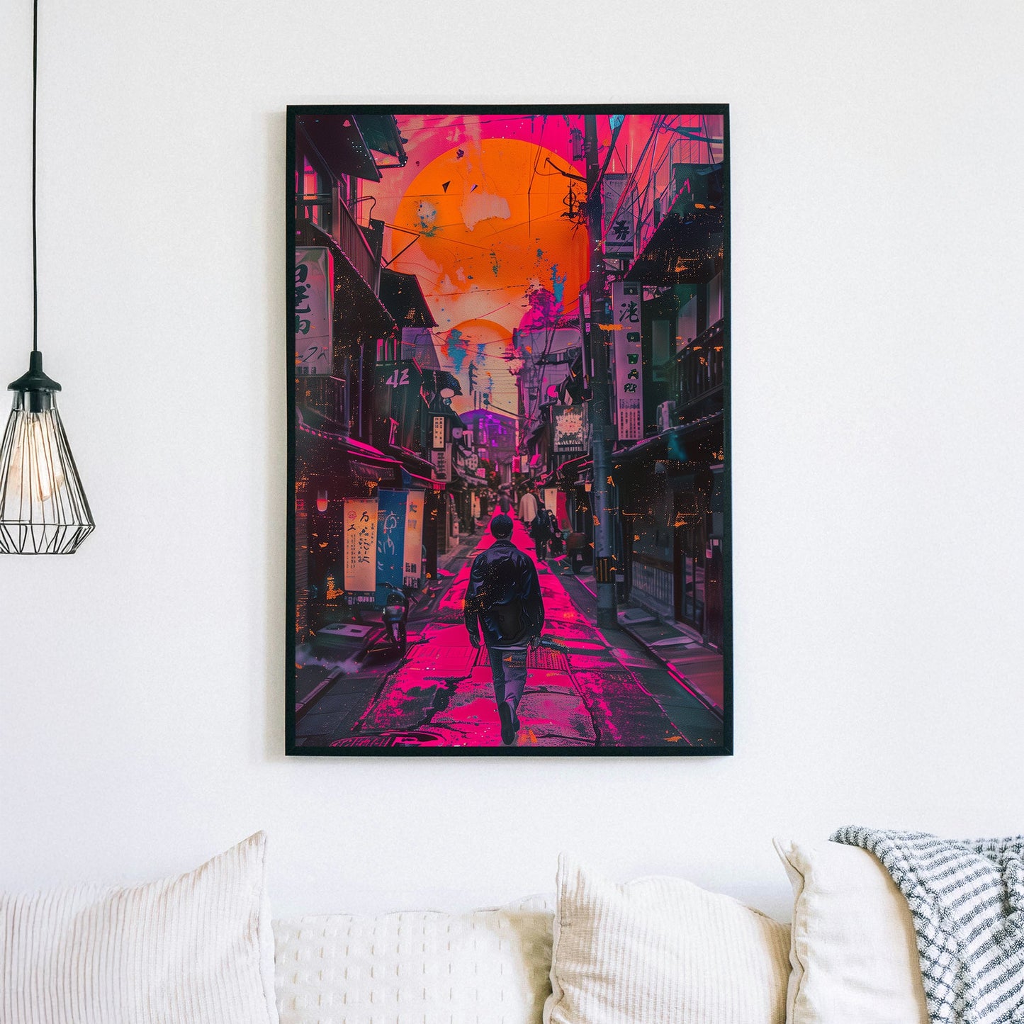 Cyberpunk city street with neon pink reflections, a silhouetted figure walking, and an oversized glowing sun in the background.