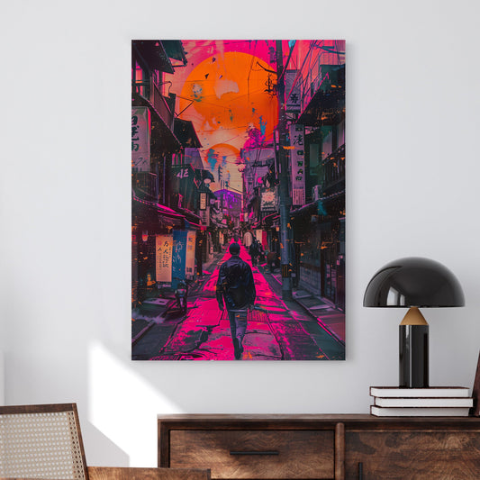 Cyberpunk city street with neon pink reflections, a silhouetted figure walking, and an oversized glowing sun in the background.