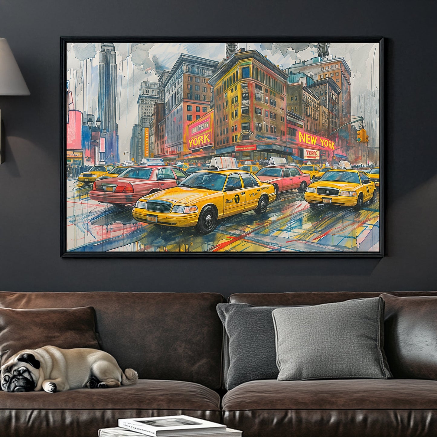 New York City street scene with yellow taxis, neon lights, and the Empire State Building in the background, painted in an urban contemporary style.