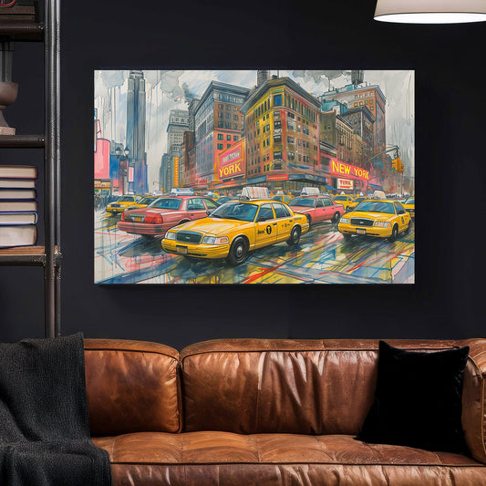 New York City street scene with yellow taxis, neon lights, and the Empire State Building in the background, painted in an urban contemporary style.