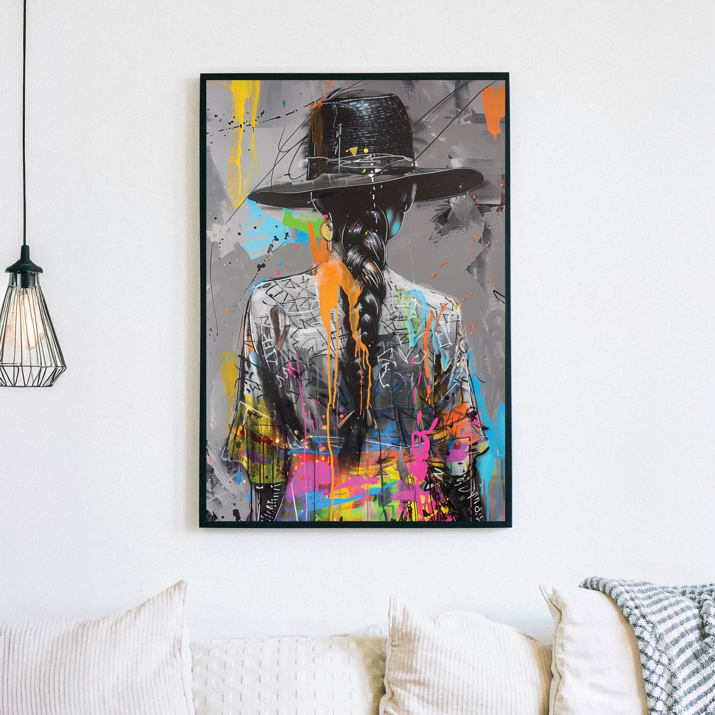 Graffiti-style artwork of a woman in a hat with a long braid, accented by vibrant neon splashes on a grayscale background.