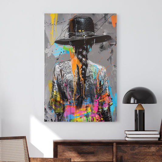 Graffiti-style artwork of a woman in a hat with a long braid, accented by vibrant neon splashes on a grayscale background.
