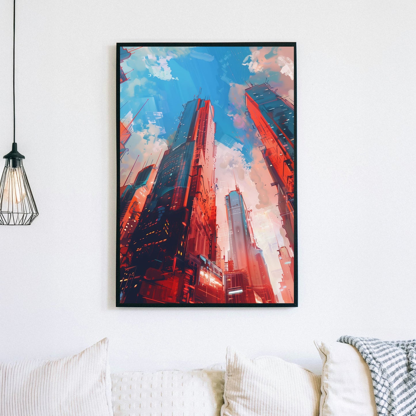 Futuristic cyberpunk city skyline with towering neon-lit skyscrapers against a vibrant blue sky.