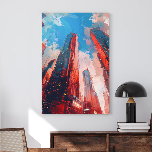 Futuristic cyberpunk city skyline with towering neon-lit skyscrapers against a vibrant blue sky.
