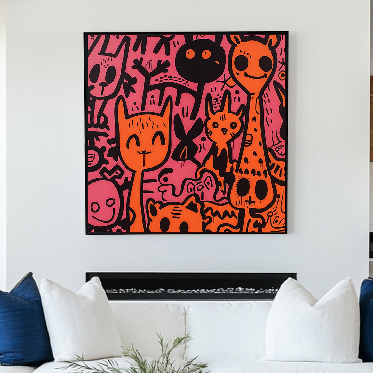 Graffiti-style illustration of playful cartoon animals in bold black, orange, and pink.