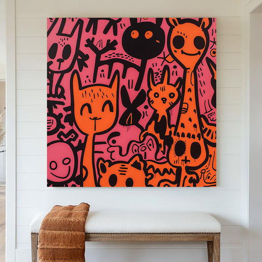 Graffiti-style illustration of playful cartoon animals in bold black, orange, and pink.