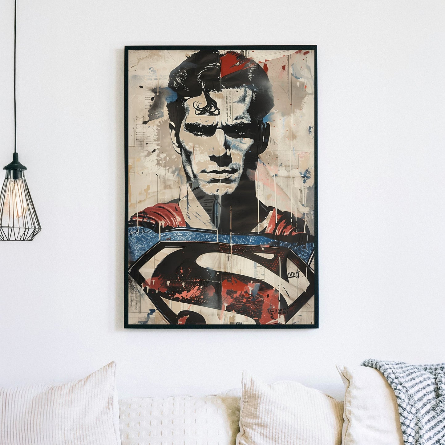Graffiti-style mixed-media portrait of a superhero with stencil effects and textured newspaper prints.