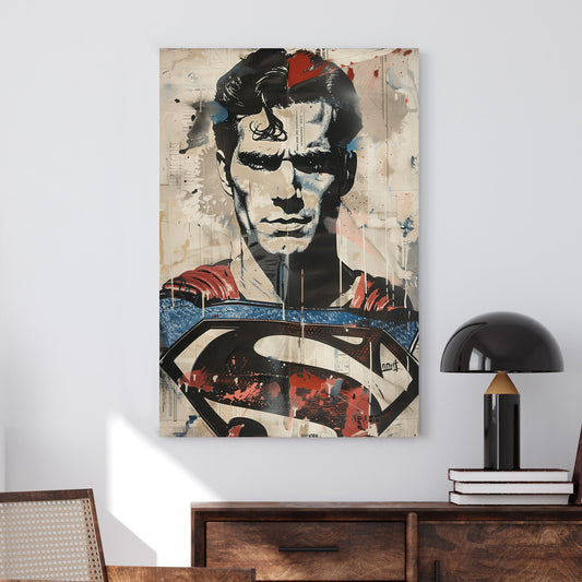 Graffiti-style mixed-media portrait of a superhero with stencil effects and textured newspaper prints.