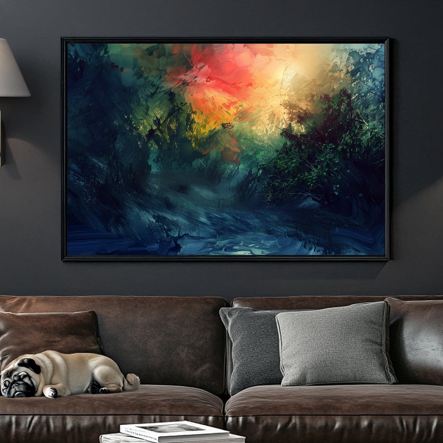 Abstract forest landscape with dramatic light and shadow, featuring deep blues, greens, and fiery orange hues.